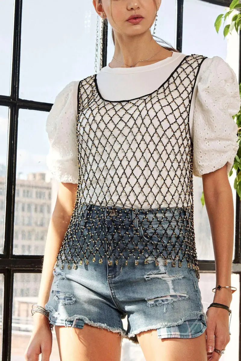 ADORA Beads Accent Fishnet Tank Top for Bold Fashion Style - Love Salve